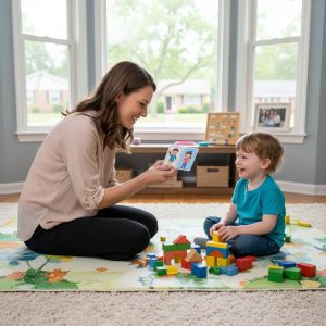 Compassionate ABA therapist engaging with smiling young autistic child using educational toys in cozy St. Louis home, promoting social skills and family-centered care.
