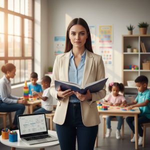Aspiring behavior analyst in modern therapy room holding textbook and laptop, with children engaging in activities in background.