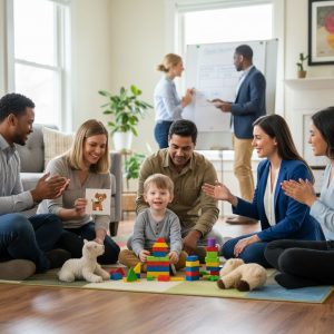 Diverse team of autism care professionals collaborating with a child and family in a home therapy room