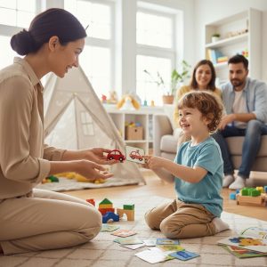 Compassionate ABA therapist guiding young child with autism in communication activity using picture cards in a cozy home setting.