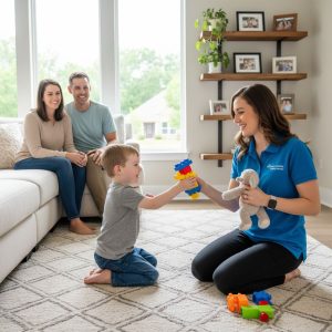 Compassionate ABA therapist conducting in-home session with young child using educational toys, parents observing supportively in a warm Missouri living room.