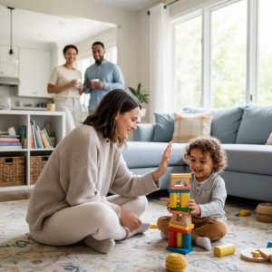 Warm photograph of ABA therapist and child playing with blocks in a home living room, family observing supportively.