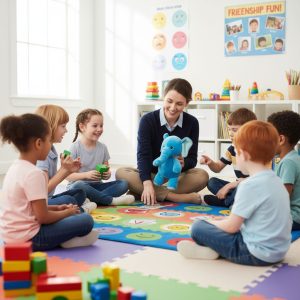 Diverse group of young children with autism participating in a guided social skills activity led by a therapist in a welcoming therapy room.