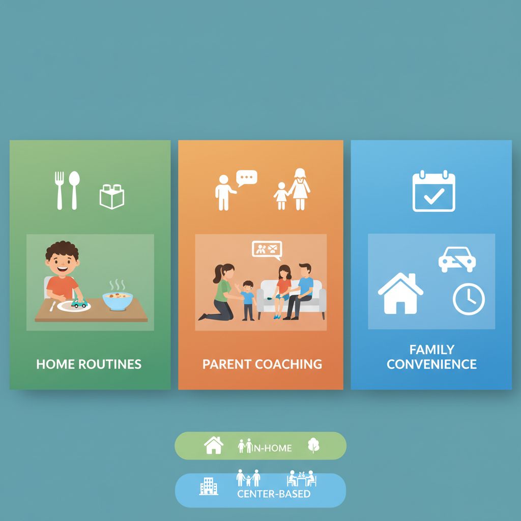 Infographic illustrating benefits of in-home ABA therapy: skill generalization at home, family involvement, and convenience for busy families.