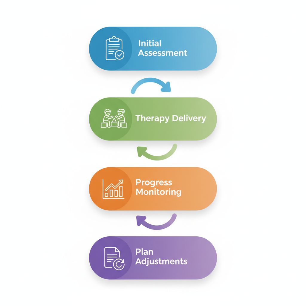 Vertical process flow diagram illustrating four stages of BCBA-led ABA therapy for children with autism, using icons and color-coded boxes.