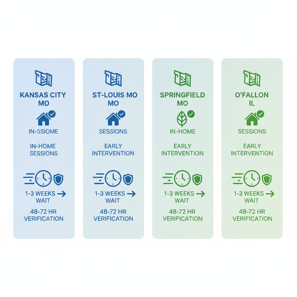 Infographic comparing ABA therapy services availability in Kansas City, St. Louis, Springfield, and O'Fallon with service types, wait times, and verification speeds.