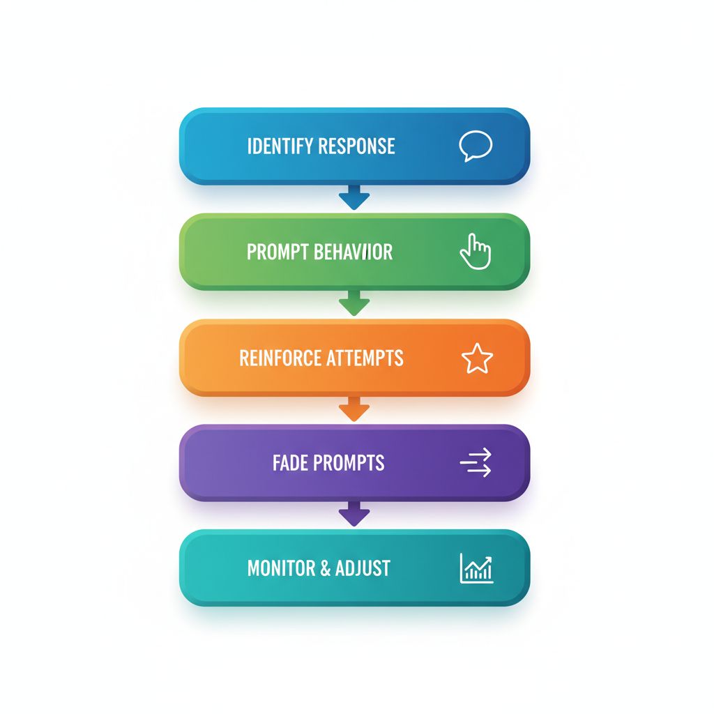 Vertical process flow diagram showing five steps of functional communication training in ABA therapy with icons and colored stages.