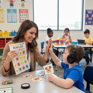 Compassionate teacher guiding young student with autism through ABA activity in inclusive Kansas City classroom.