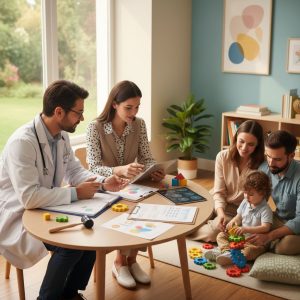 Professional photograph of a multidisciplinary team in a pediatric clinic diagnosing autism with a child and parents using play-based assessment.