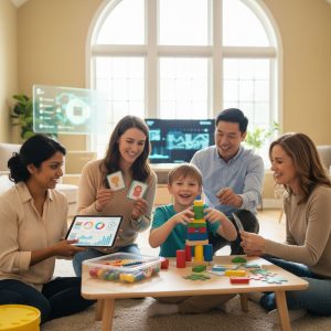 Diverse therapists and child with autism in modern ABA therapy session at home, using AI tools and family participation, evoking hope and progress.