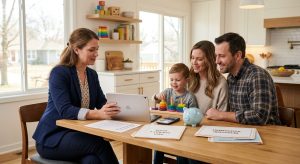 Compassionate BCBA discussing ABA therapy costs and plans with relieved parents and young child at home kitchen table in Kansas City.
