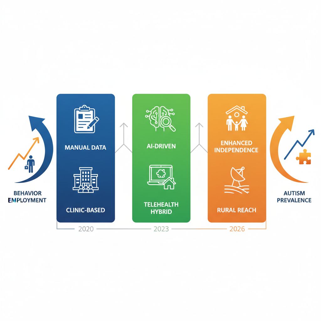 Infographic showing evolution of ABA therapy principles from 2020 to 2026 projections with columns for past, future, and impacts.