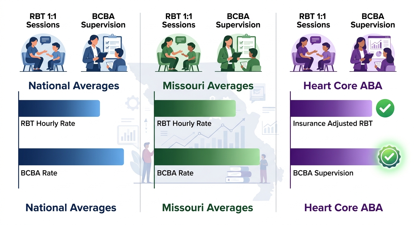 Infographic comparing ABA therapy hourly rates: national averages in blue, Missouri in green, Heart Core ABA in purple with icons, bars, checkmarks, and Missouri map background