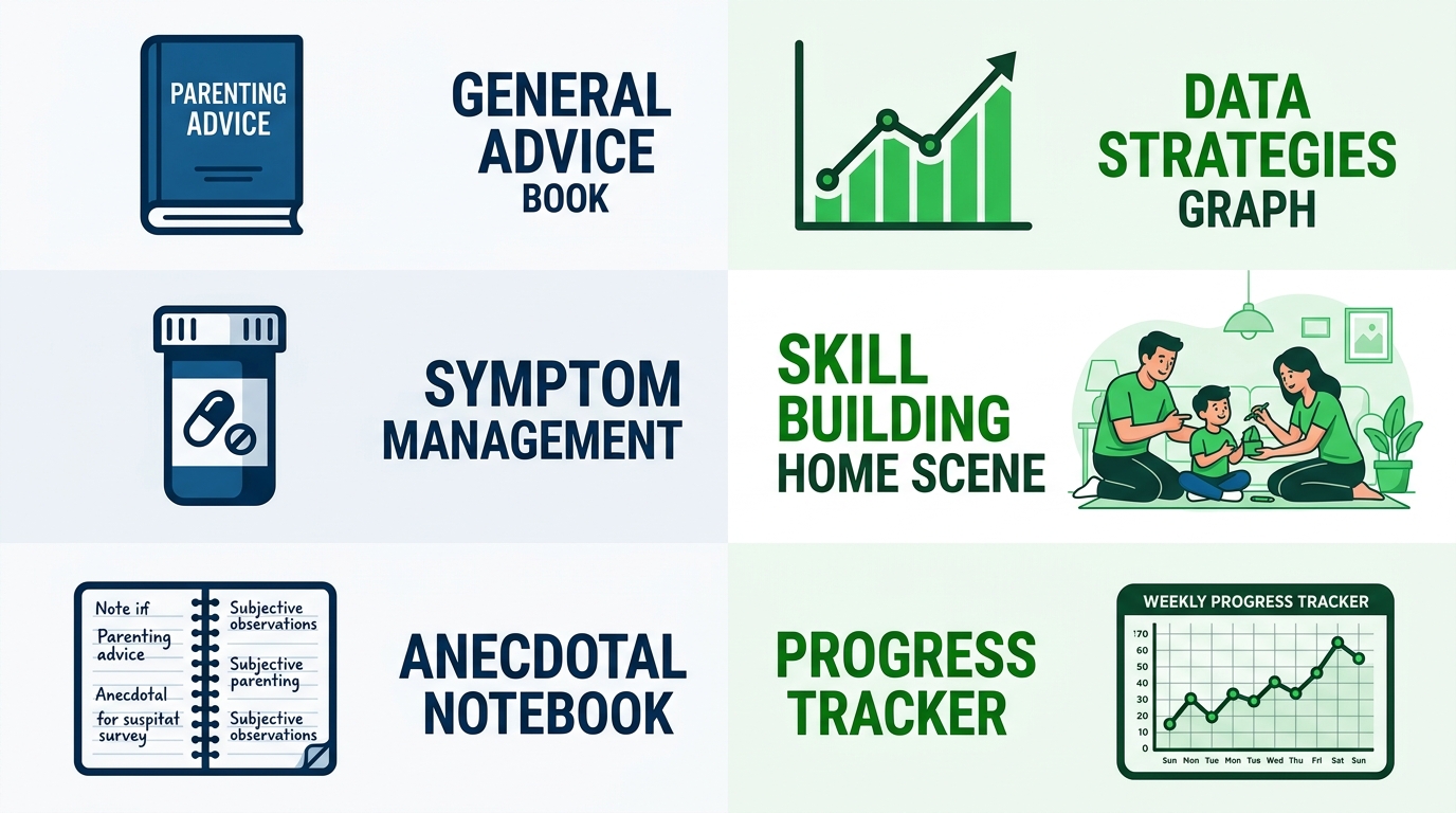 Infographic visually comparing ABA parent coaching to traditional parenting support across approach, focus, and measurement using icons.