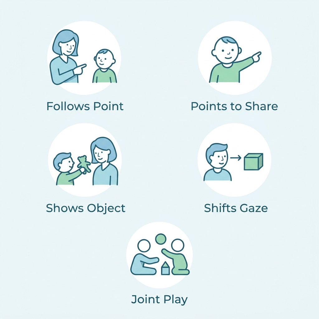 Set of five minimalist icons showing joint attention skills in toddlers: follows point, points to share, shows object, shifts gaze, joint play