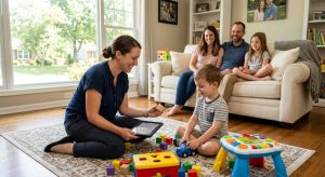 A Board Certified Behavior Analyst providing compassionate, play-based ABA therapy to a young child in a sunlit Missouri home, with the family looking on trustingly.