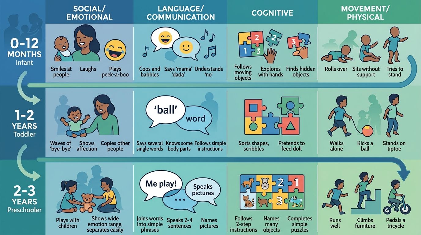 Infographic showing child developmental milestones by age group (0-12 months, 1-2 years, 2-3 years) across social/emotional, language/communication, cognitive, and movement/physical categories