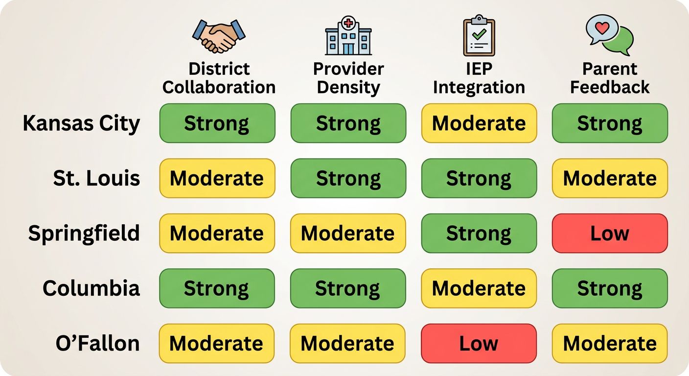 Infographic comparing five Missouri cities across school district collaboration, provider density, IEP integration, and parent feedback using color-coded rating scale.