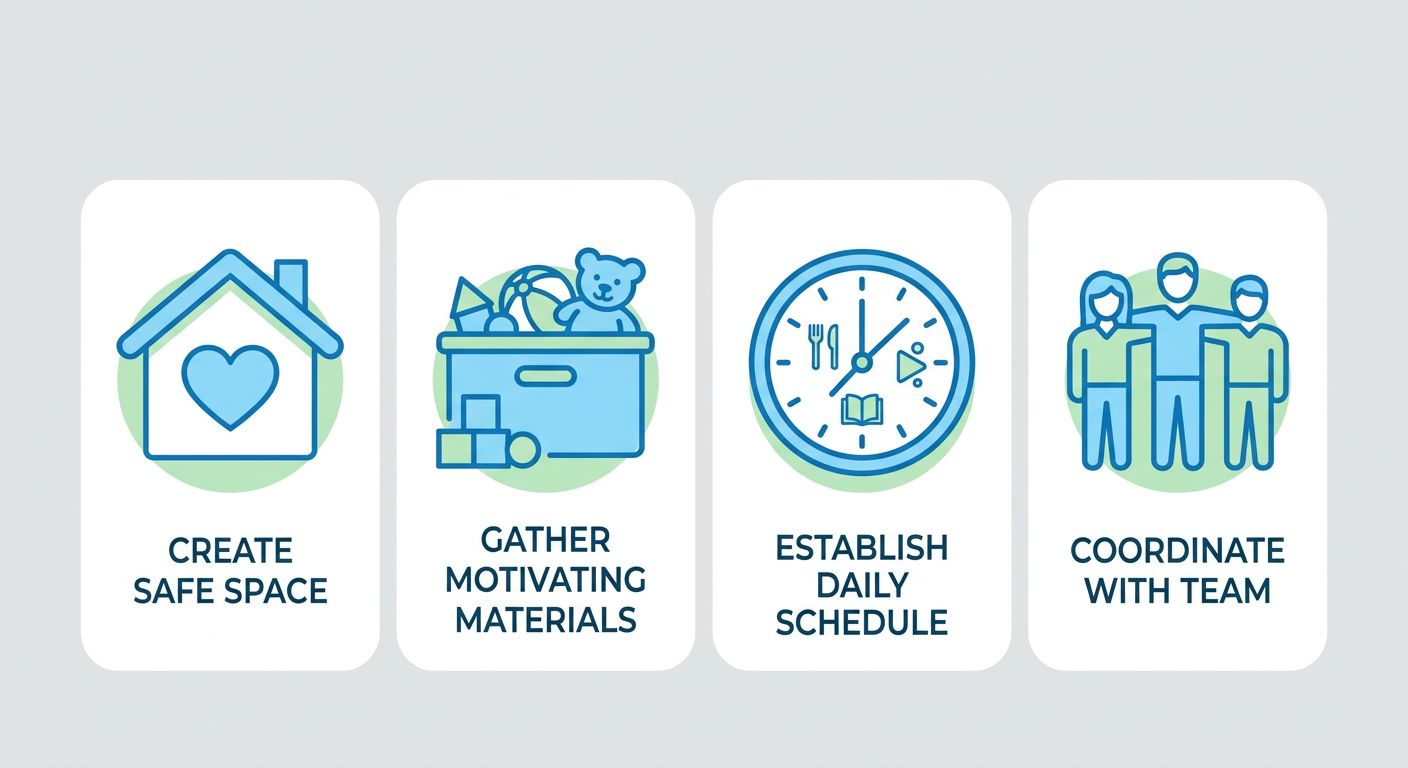 Infographic checklist with four rounded icon boxes for preparing a home for natural environment teaching: safe space, motivating toys, consistent schedule, and therapy team coordination.