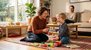 ABA therapist and child playing with colorful toys in sunlit living room while parent observes