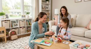Board Certified Behavior Analyst engaging with a young child in a warm, bright living room during an in-home ABA therapy assessment session in Kansas City, Missouri