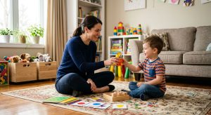 BCBA therapist sitting on floor with young child, offering a toy in an ABA therapy session inside a warm home setting with natural light and educational toys in background.