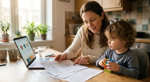 Parent and child reviewing ABA CPT codes document at kitchen table with laptop showing Heart Core ABA website in background