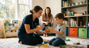 Professional photograph of an RBT engaging a young child with autism in play-based therapy in a bright living room with natural light.