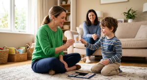 Female BCBA therapist sitting on the floor of a bright living room with a young boy using a picture exchange communication card, parent watching supportively, warm natural light.