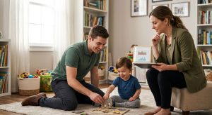 A Board Certified Behavior Analyst and a Registered Behavior Technician work together with a smiling child during a puzzle activity in a bright home setting, with the analyst reviewing data on a tablet.