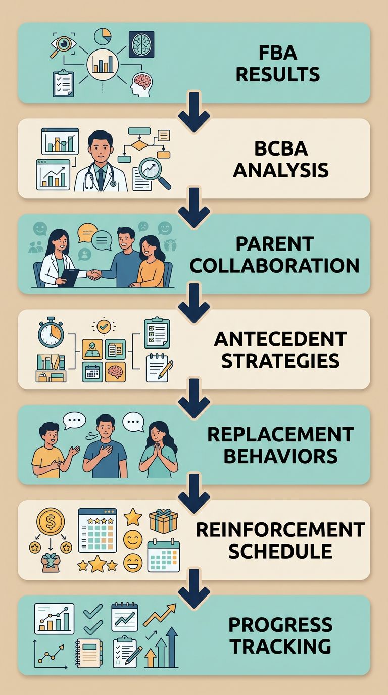 Seven-stage vertical process flow from FBA results to progress tracking for creating a behavior intervention plan.
