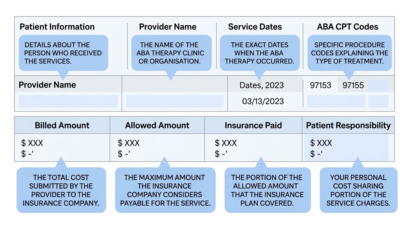 Sample Explanation of Benefits form for ABA therapy with highlighted fields and plain language explanations