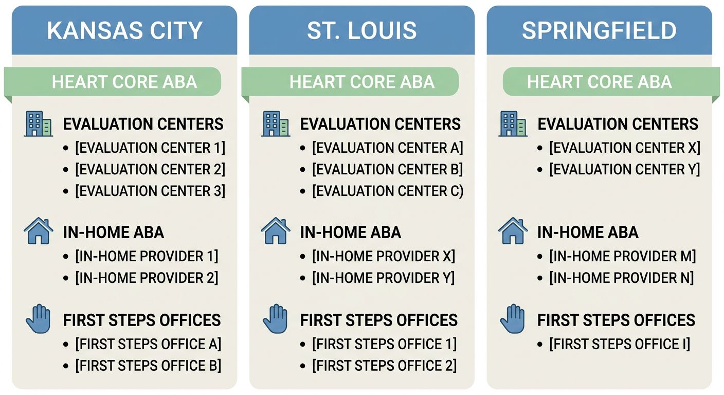Infographic comparing autism evaluation and ABA therapy access in three Missouri regions: Kansas City, St. Louis, and Springfield, with icons for evaluation centers, in-home ABA, and early intervention services, using calming blue and green colors.