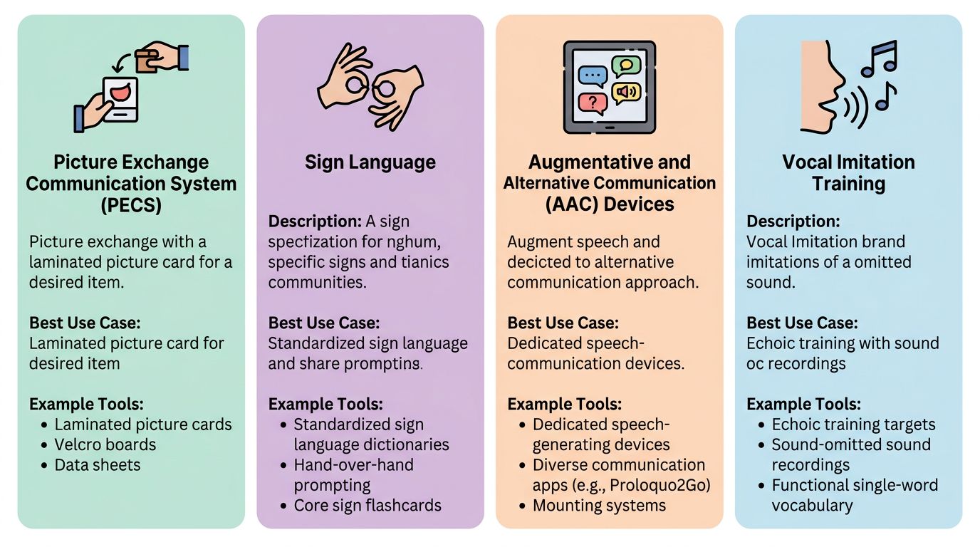 Infographic comparing four ABA therapy communication approaches: PECS, Sign Language, AAC Devices, and Vocal Imitation Training, each with icons and descriptions in a four-column layout.