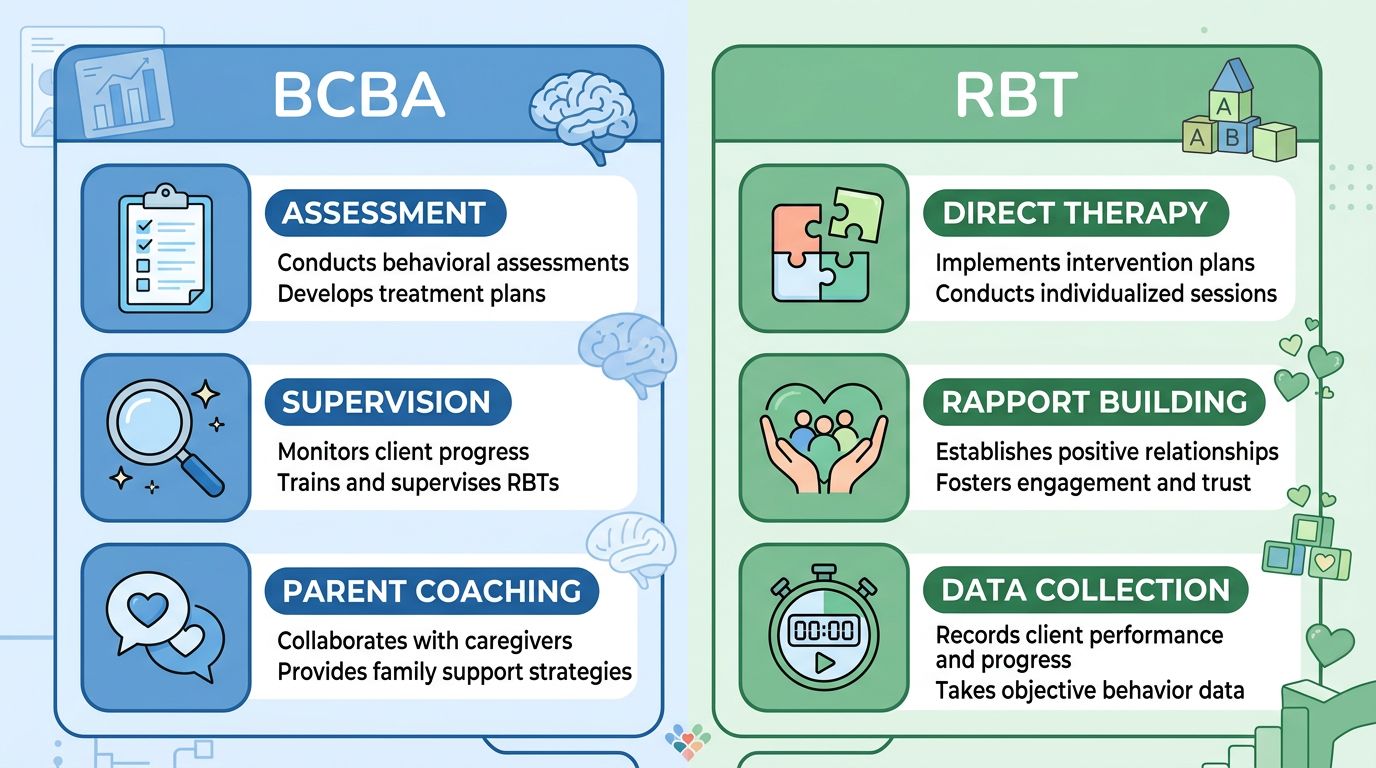 Two-column comparison infographic contrasting BCBA and RBT roles at Heart Core ABA