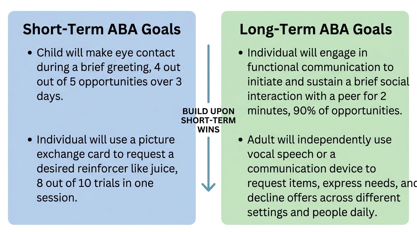 Comparative infographic contrasting short-term and long-term ABA therapy goals with visual examples and connecting arrow showing progression.