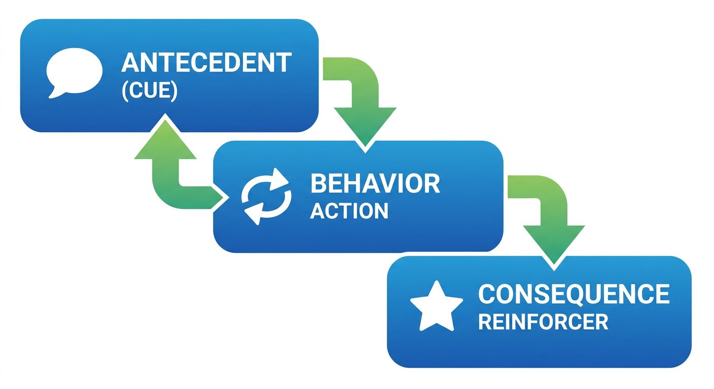 Infographic showing the ABC model of positive reinforcement with three steps: Antecedent with speech bubble, Behavior with turn-taking icon, and Consequence with star icon, connected by arrows, in blue and green gradients.