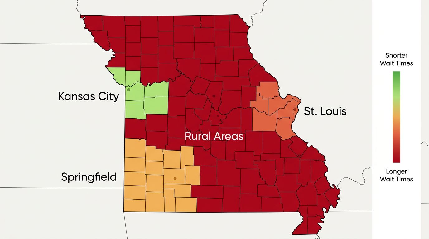 Map of Missouri with four regions color-coded from green to red indicating relative wait times for autism therapy, with Kansas City, St. Louis, Springfield, and rural areas marked.