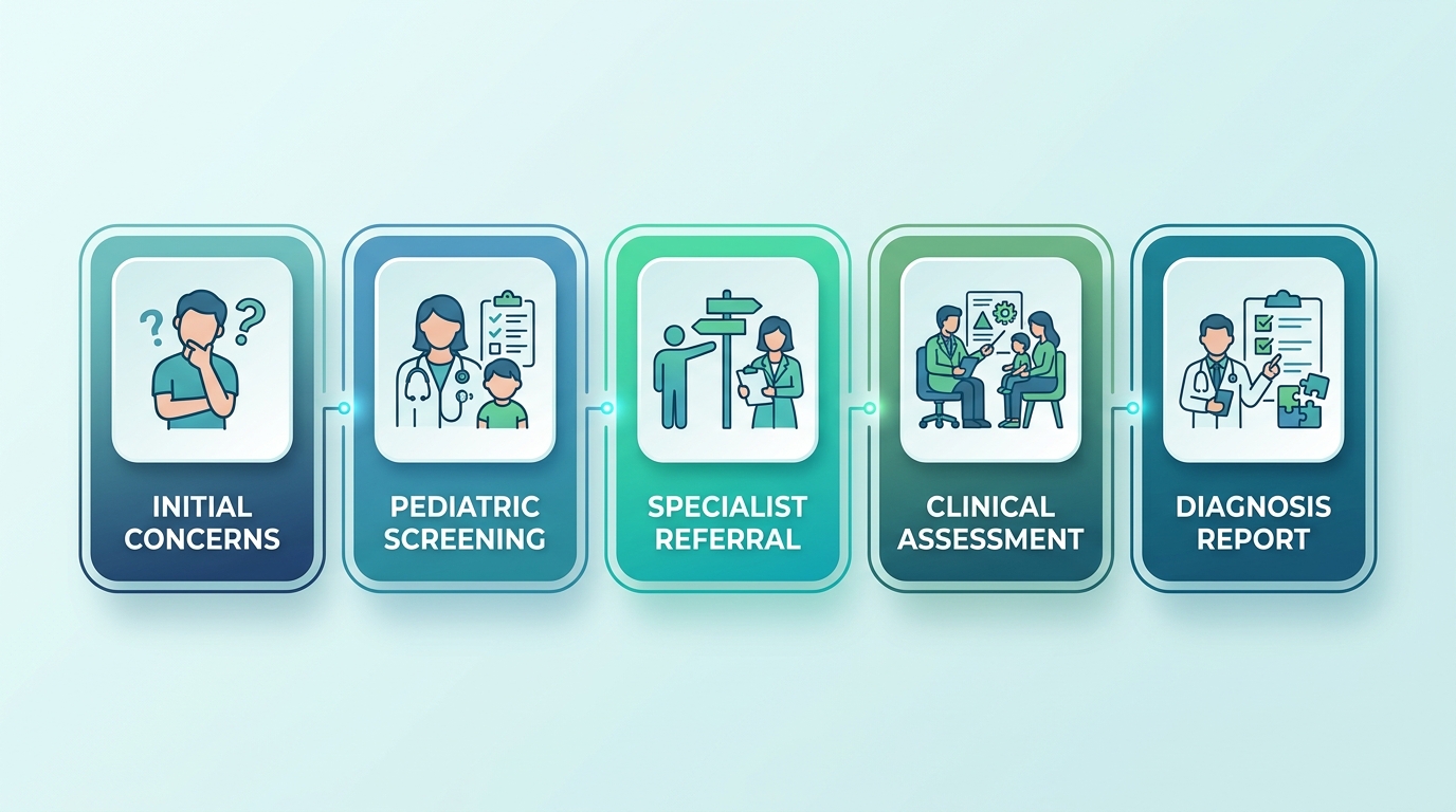 Infographic showcasing five autism evaluation pathways in Missouri with color-coded horizontal blocks