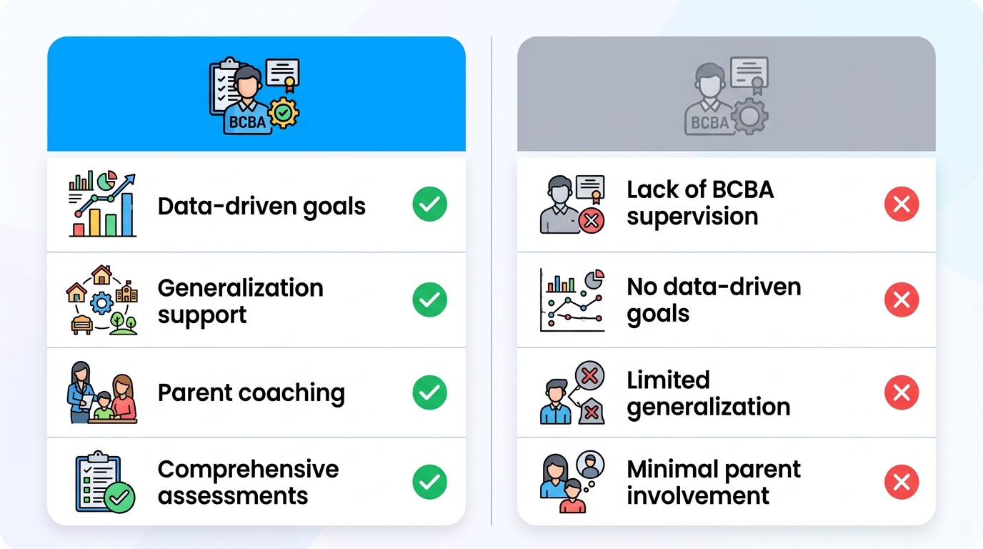 Side-by-side comparison of the Integrated ABA Model and a Standalone Social Skills Program, highlighting features with checkmarks and X marks.