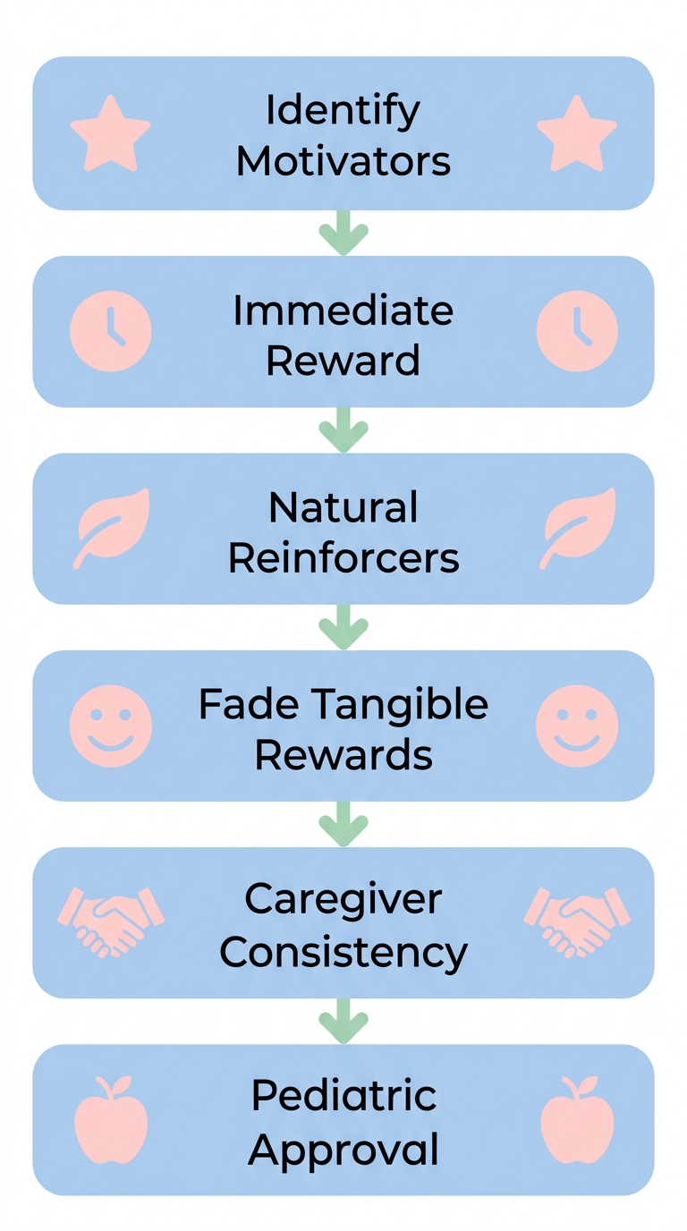 Vertical process flow showing six steps to build an effective home reward system for ABA therapy, with pastel colors and flat icons.