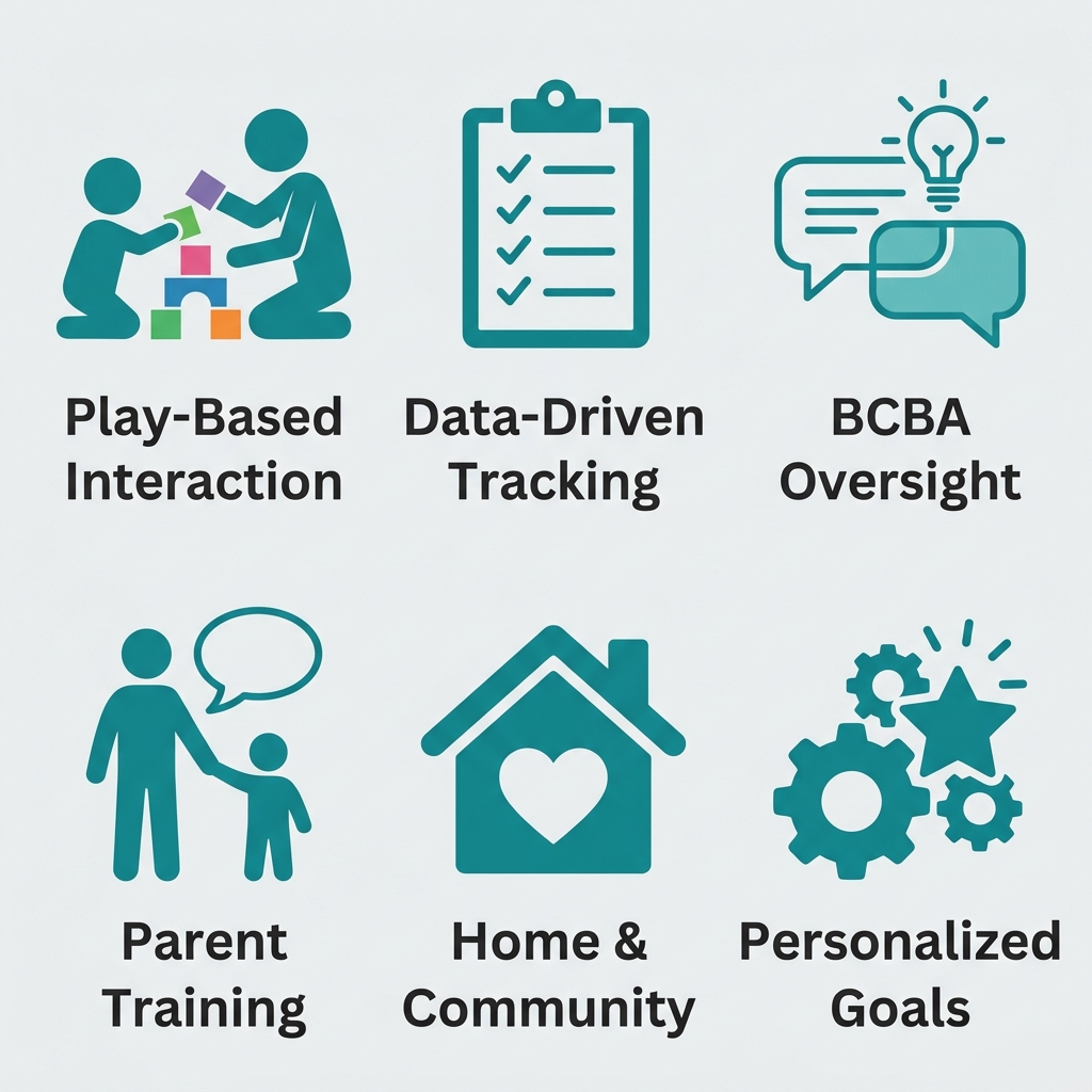 Six icons representing components of RBT therapy: play-based interaction, data-driven tracking, BCBA oversight, parent training, home and community, and personalized goals.