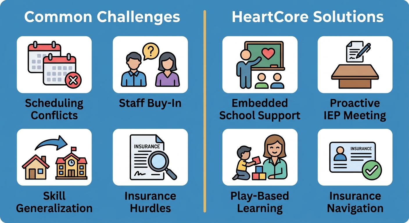 Infographic comparing common challenges in school-based ABA therapy with HeartCore Solutions, featuring two columns with icons and labels.