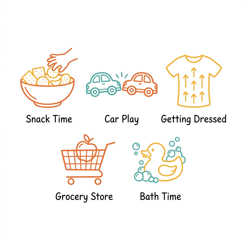 One row of five warm outline icons: a hand reaching into a bowl of crackers, two toy cars facing each other, a shirt with up arrows, a shopping cart with an apple, and a rubber duck with soap bubbles.