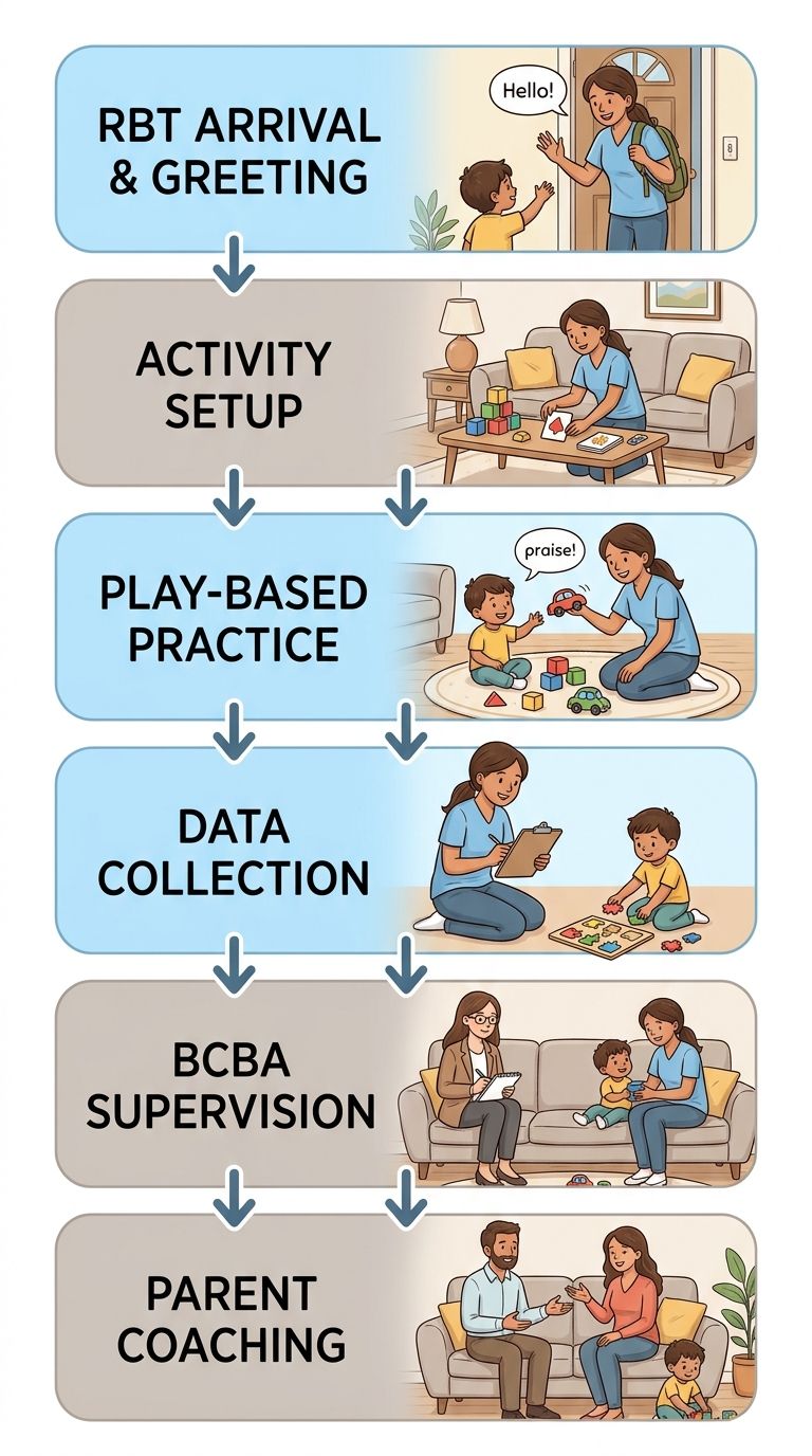 Vertical process-flow diagram of a typical in-home ABA therapy session showing 6 steps from RBT arrival to parent coaching