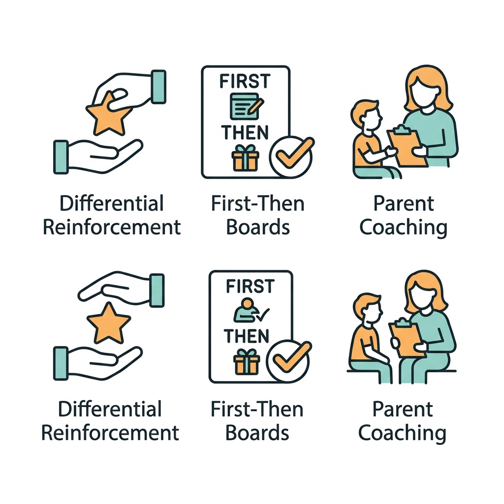 Icon set illustrating ABA therapy concepts: Differential Reinforcement, First-Then Boards, and Parent Coaching