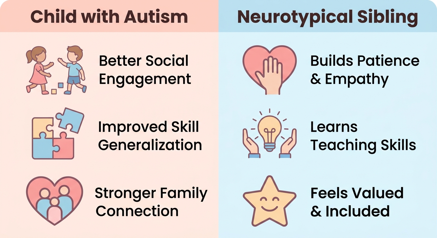 Infographic comparing benefits for child with autism and neurotypical sibling, with three icons each
