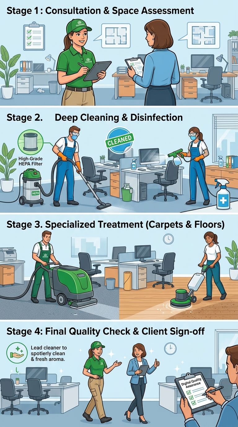 Professional cleaning service showing 4 process stages in English
